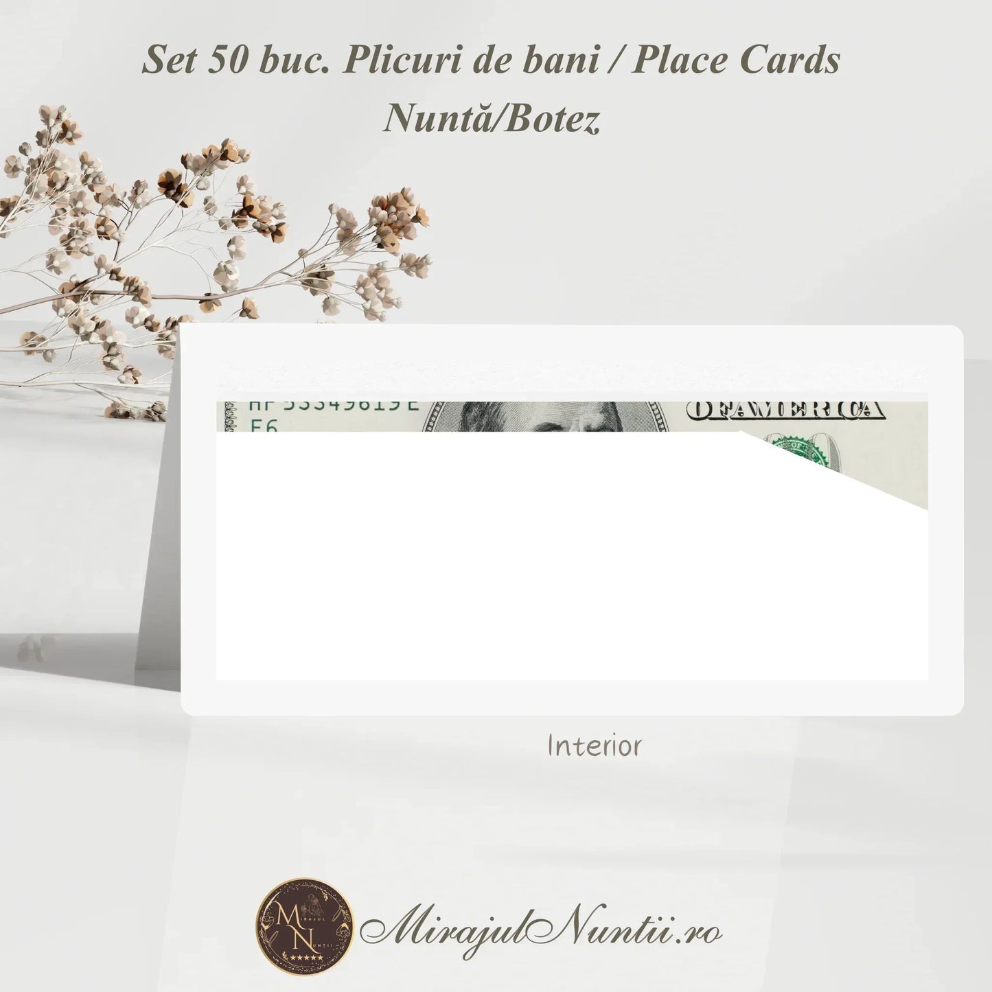 Set 50 buc. Plicuri Bani Nuntă & Place Cards, Design Emerald Aquarelle Gold, Premium, Cod C.10013