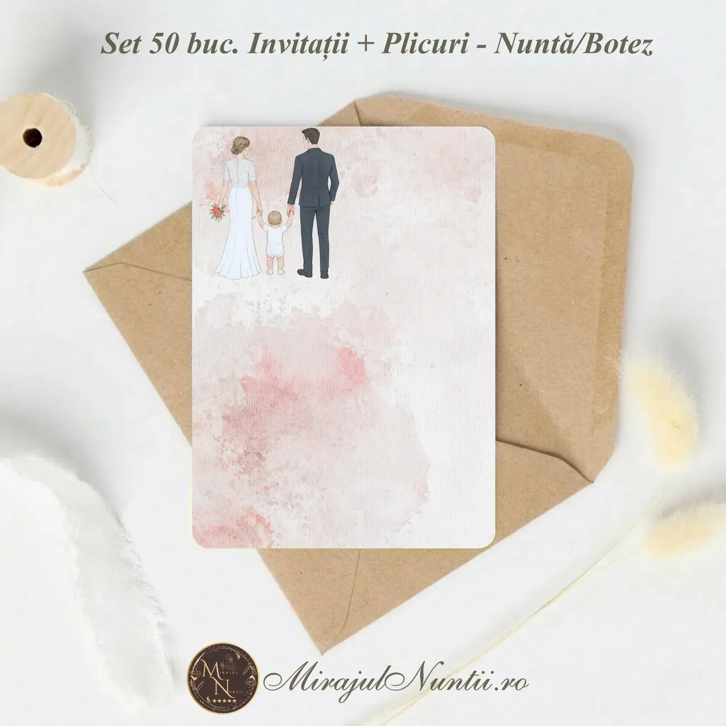 Set 50 buc. Invitație Nuntă Familia Modernă „C.23R” Necompletată + Plic Inclus - 13x19cm
