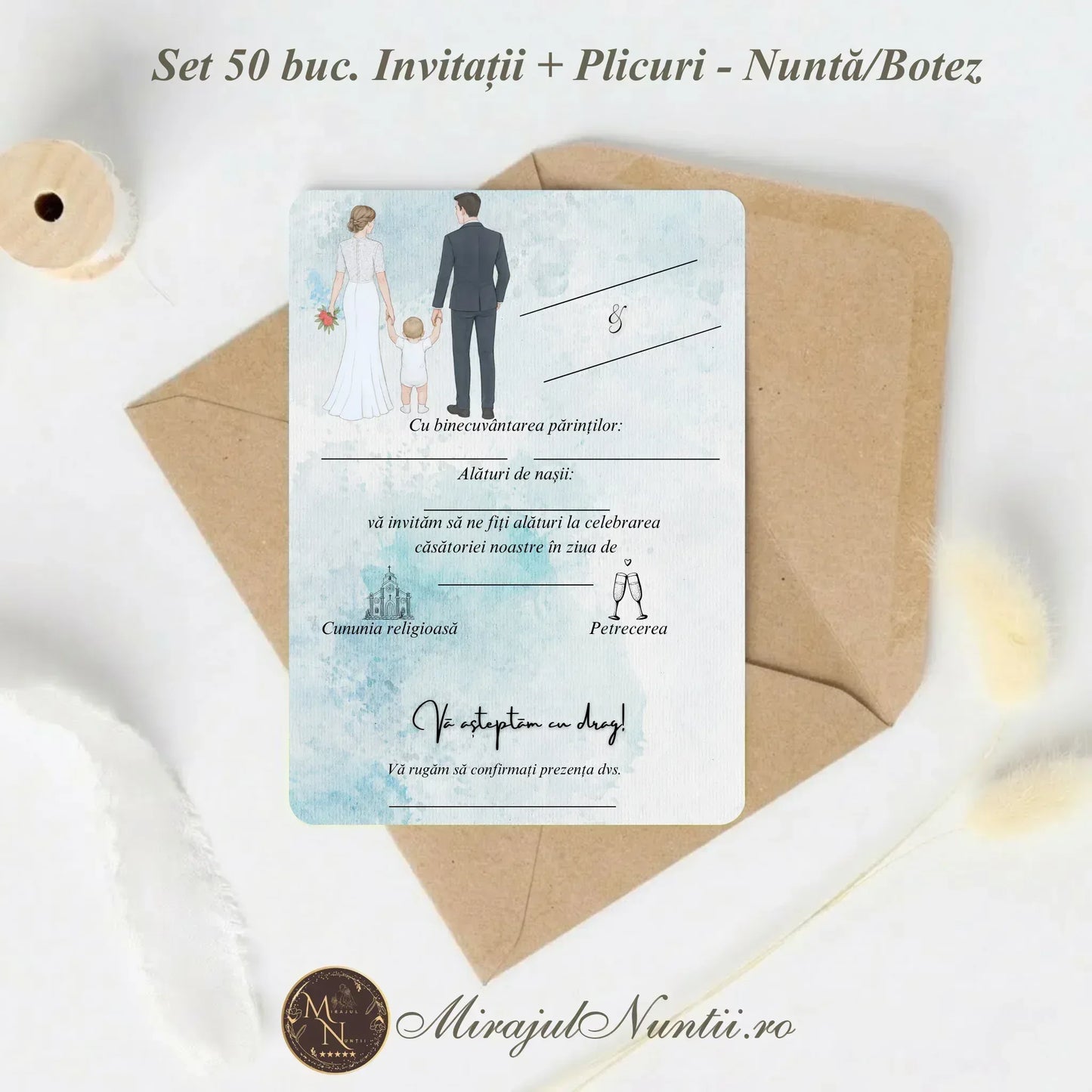 Set 50 buc. Invitație Nuntă și Botez „C.23B” Precompletată + Plic Inclus - 13x19cm