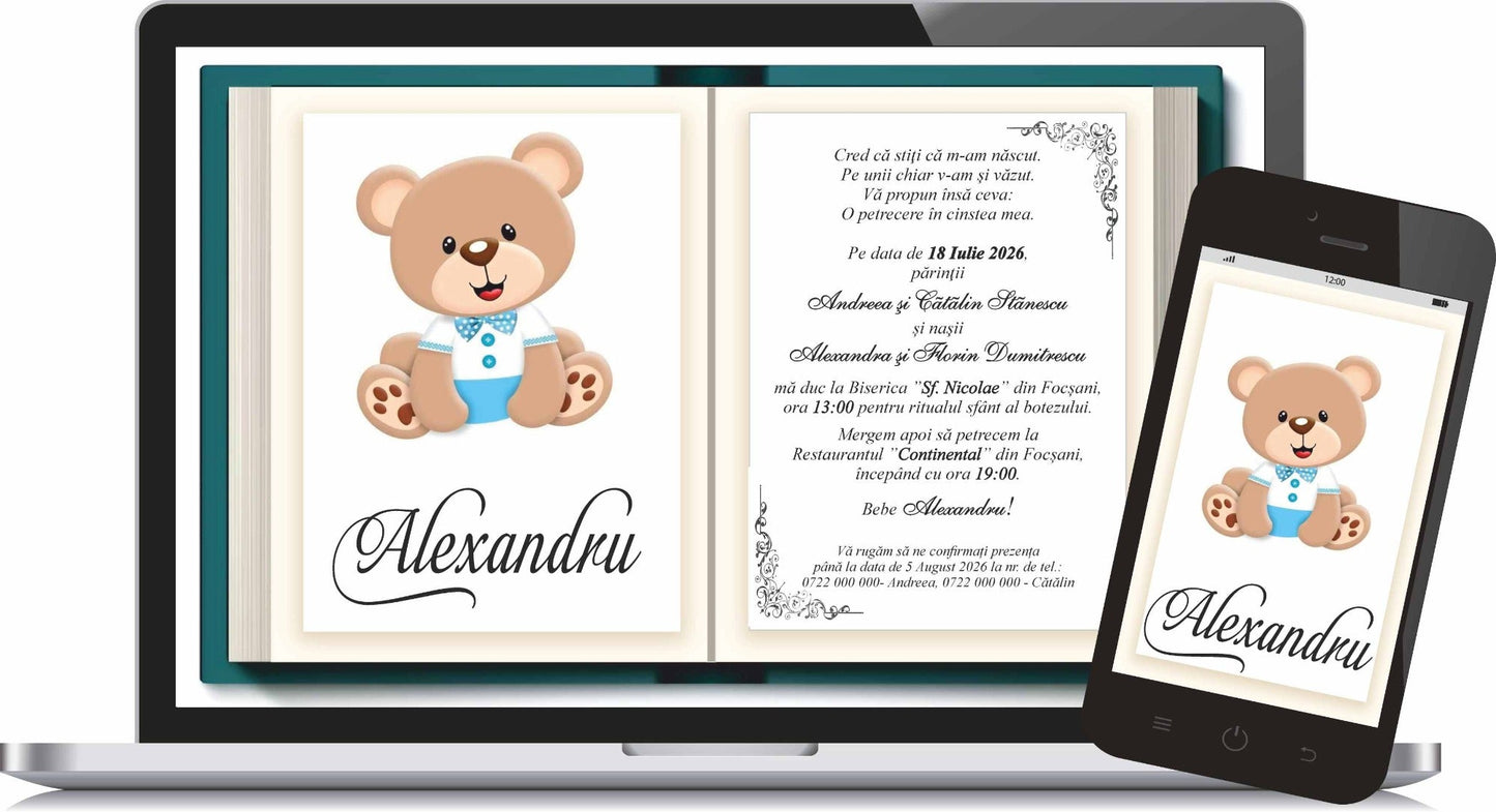 Invitatie BOTEZ Digitala - ursulet - MirajulNuntii.ro