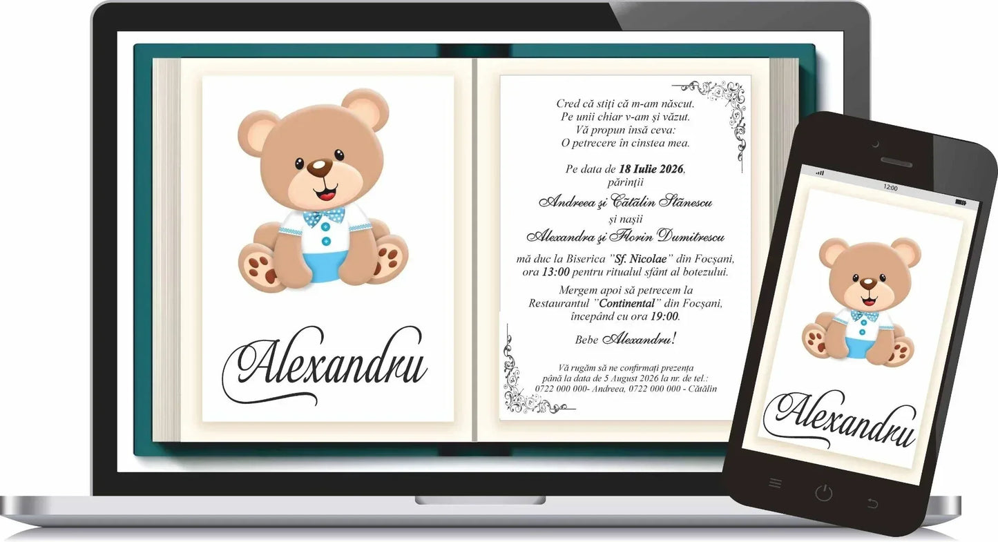 Invitatie BOTEZ Digitala - ursulet - MirajulNuntii.ro