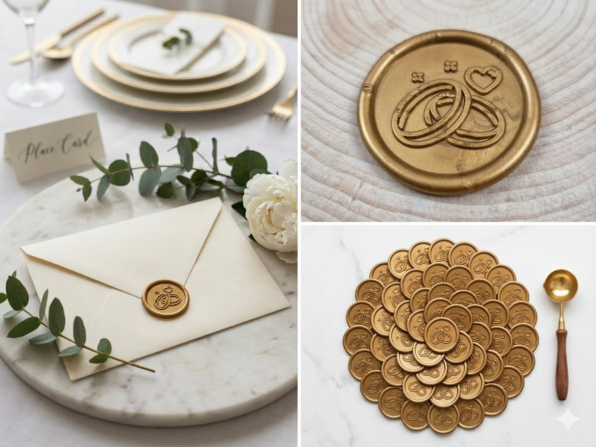 Set 50 buc Sigilii Ceară Verighete Ceară Naturală Auriu Invitații Nuntă SIG-VER-50