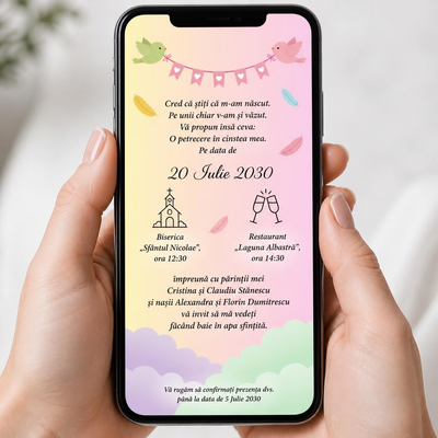Invitație digitală de botez pe telefon, cu păsărele și pene colorate pe fundal curcubeu pastel și numele Sofia scris caligrafic, cod Magnific B.5