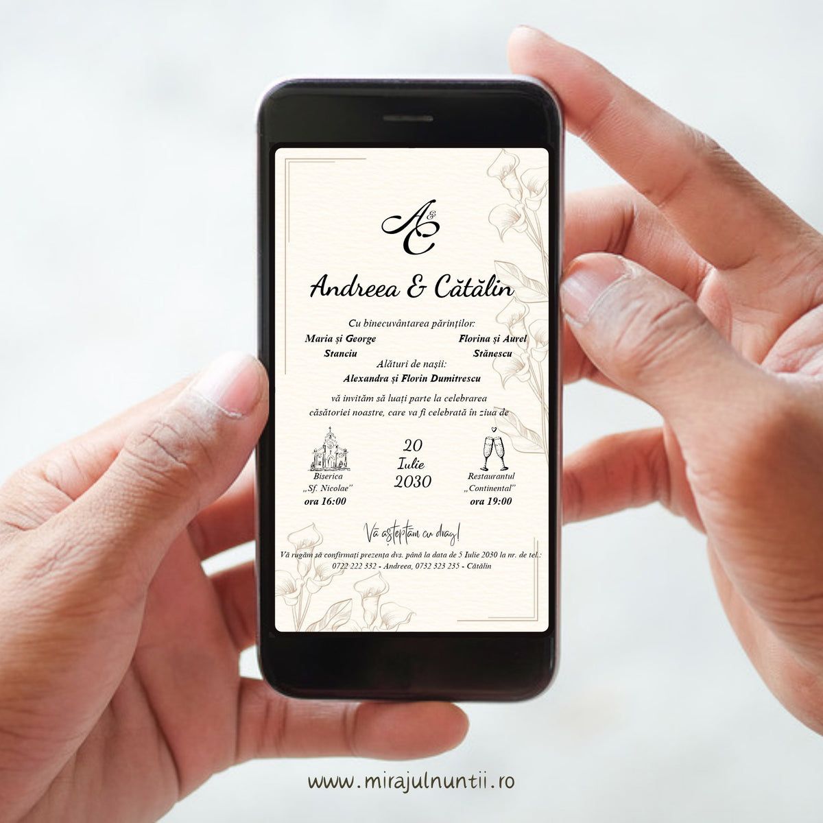 Invitație digitală de nuntă cod C.57 cu crini cala desenați, chenar arămiu fin și fond crem, afișată pe ecranul unui telefon ținut în mâini, cu texte în culoare închisă