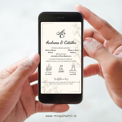 Invitație digitală de nuntă cod C.57 cu crini cala desenați, chenar arămiu fin și fond crem, afișată pe ecranul unui telefon ținut în mâini, cu texte în culoare închisă
