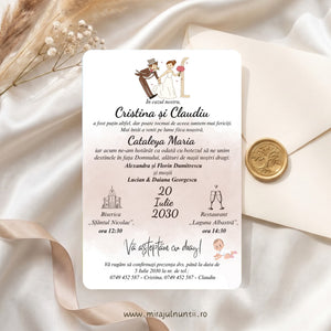 Invitație de nuntă și botez 13 x 19 cm pe carton alb: miri cartoon sus – mire cu joben și trandafir, mireasă cu buchet roz, lângă o arcadă –, nor de acuarelă roz pudră, bebeluș jos, textul cu Cristina și Claudiu și Cataleya Maria; plic și sigiliu auriu