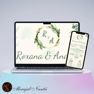Invitație de nuntă digitală cu design botanic, frunze de eucalipt și butoane interactive afișată pe laptop și smartphone.