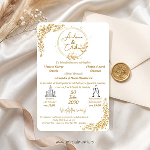 Invitație de nuntă C.13 pe carton alb, cu ramuri aurii în colțurile din stânga-sus și din dreapta-jos și cerc auriu în jurul numelor Andreea & Cătălin, cu părinții, nașii, biserica și restaurantul; plicul și sigiliul din fundal sunt decor