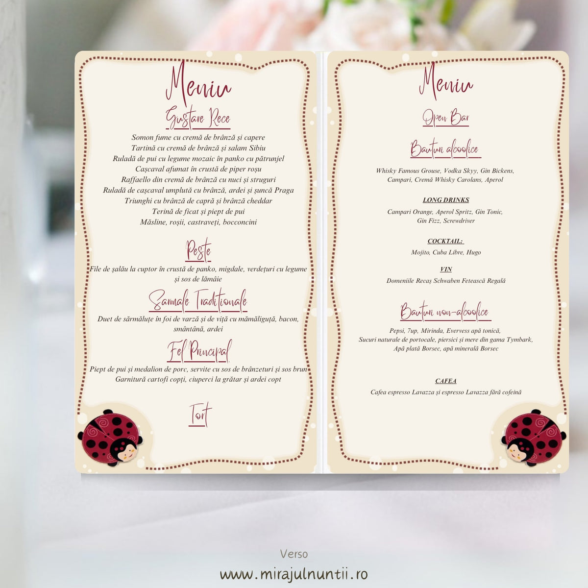 Interior meniu botez tip carte deschis: mâncarea în stânga, băuturile în dreapta, ramă crem cu linie punctată vișinie și câte o buburuză mică în colțurile de jos, cod B. 7501