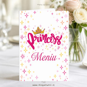 Meniu botez tip carte, coperta albă cu steluțe roz și aurii, inscripția Princess cu coroniță aurie și titlul Meniu roz, cod B. 6017
