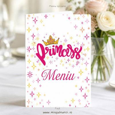 Meniu botez tip carte, coperta albă cu steluțe roz și aurii, inscripția Princess cu coroniță aurie și titlul Meniu roz, cod B. 6017