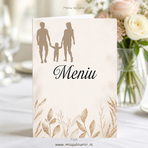 Meniu tip carte pentru nuntă și botez cod C.26, coperta cu silueta maro a familiei, titlul Meniu și frunze aurii pe fundal crem.