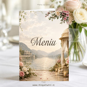 Meniu nuntă pliat tip carte C.53, coperta: titlul „Meniu” caligrafic în maro închis, peste un palat pe lac cu foișor, trandafiri roz și albi și ramură înflorită roz