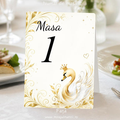 Număr de masă botez cu lebădă albă cu coroniță aurie și frunze aurii, fața cu „Masa 1”, alb și auriu, cod Magnific B.17-20017