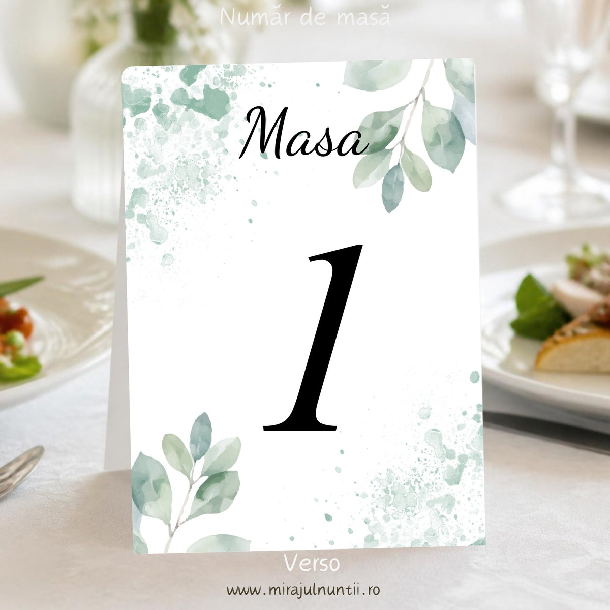 Număr de masă pentru nuntă C.48, verso: același „Masa” caligrafic și numărul 1 mare, negru, pe fond alb, cu crenguțe de eucalipt și stropi de acuarelă verde