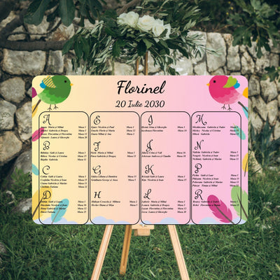 Opis botez orizontal 42 x 30 cm cu păsărele și pene colorate în culori pastel, numele „Florinel” și data mari, centrate sus, listă invitați pe litere în patru coloane, pe șevalet, cod Magnific B.5-20005