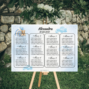 Opis botez orizontal 42 x 30 cm cod Magnific B.12 pe șevalet, cu ursuleț sub curcubeu, baloane și nori bleu în acuarelă, lista invitaților grupată pe mese.