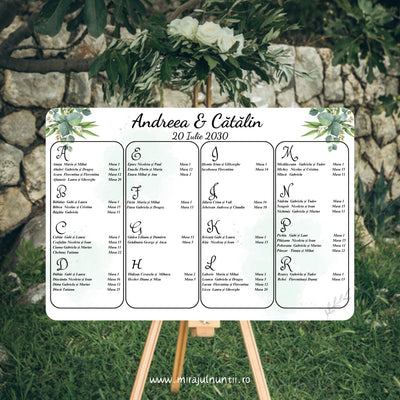 Opis de nuntă orizontal 42 x 30 cm C.25 pe șevalet, în grădină: numele „Andreea & Cătălin” și data scrise caligrafic, lista invitaților pe litere în patru coloane cu chenare rotunjite, eucalipt în acuarelă în colțurile de sus, acuarelă verde mentă, pe fond alb