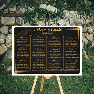 Opis nuntă orizontal 42 x 30 cm cod Magnific C.6 pe șevalet, fundal negru cu chenar auriu Art Deco și lista invitaților grupată pe mese.