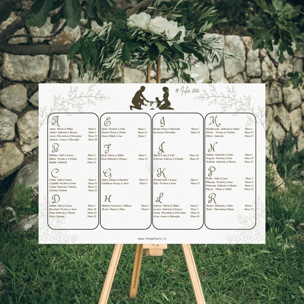 Opis orizontal 42 x 30 cm cod Magnific C.15 pe șevalet, cu siluetă neagră de familie, frunze desenate în linie fină și lista invitaților în patru coloane.