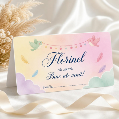 Plic de bani botez personalizat cu numele copilului, păsărele și pene colorate pe fundal curcubeu pastel, cod B.5-20005