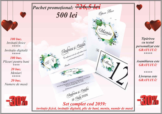 Pachet promoțional (set invitații, plicuri de bani, meniuri, nr. de masă) -cod 2059 - Mirajul Nuntii