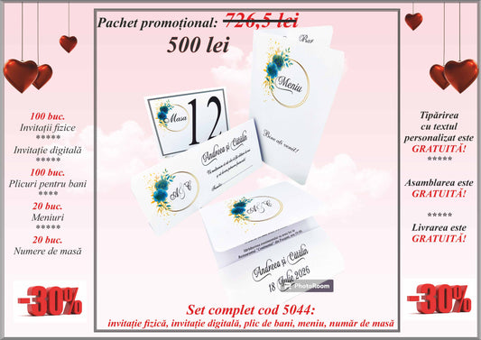 Pachet promoțional (set invitații, plicuri de bani, meniuri, nr. de masă) -cod 5044 - Mirajul Nuntii