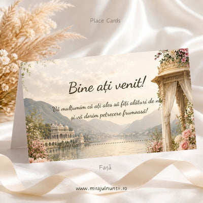 Set 50 plicuri de bani nuntă C.53, fața: „Bine ați venit!” și mesajul de mulțumire în text maro închis, peste un palat pe lac cu foișor și flori roz, cu linie punctată pentru completare de mână