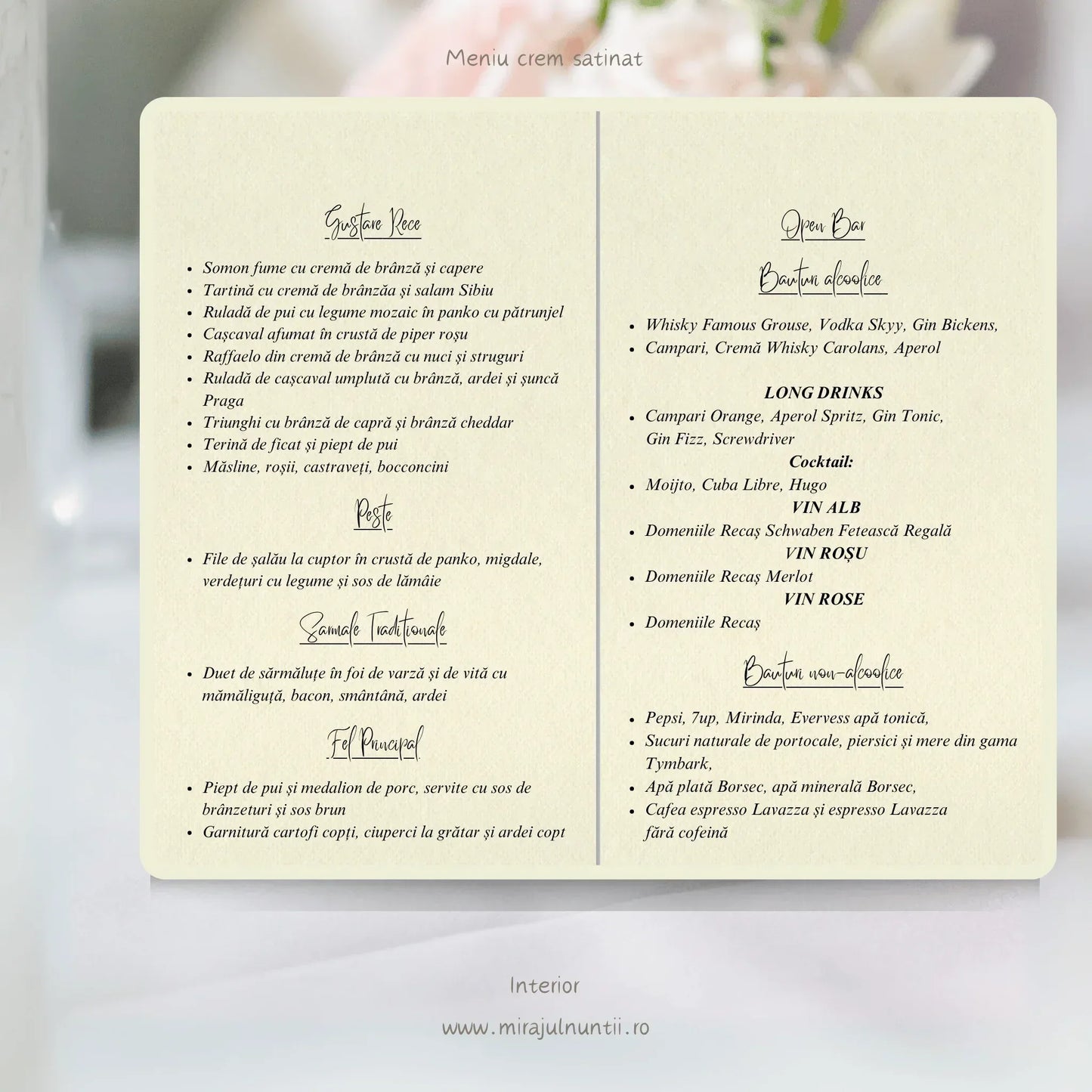 Meniu tip carte cu grafică personalizată NUNTĂ - MirajulNuntii.ro