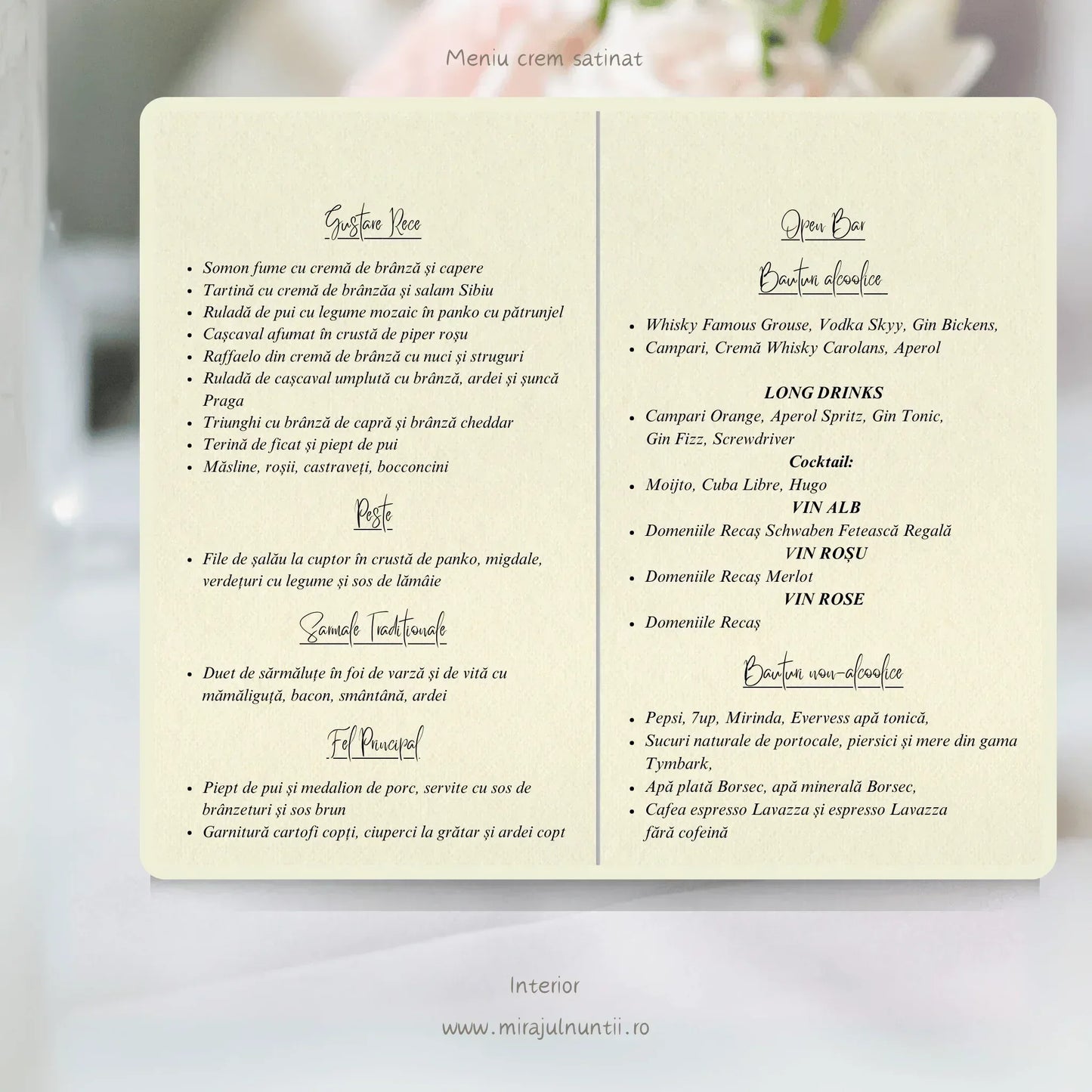 Meniu tip carte cu grafică personalizată NUNTĂ - MirajulNuntii.ro