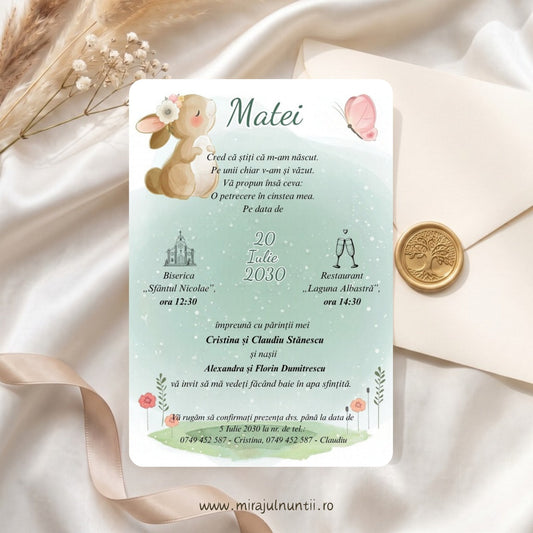 Invitație de botez cu iepuraș în acuarelă cu coroniță de flori și fluturaș roz, fundal verde mentă, flori de câmp și iarbă, numele Matei – cod B. 6036