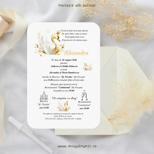 Invitație de botez cod Magnific B.17-20017 cu lebădă albă cu coroniță aurie