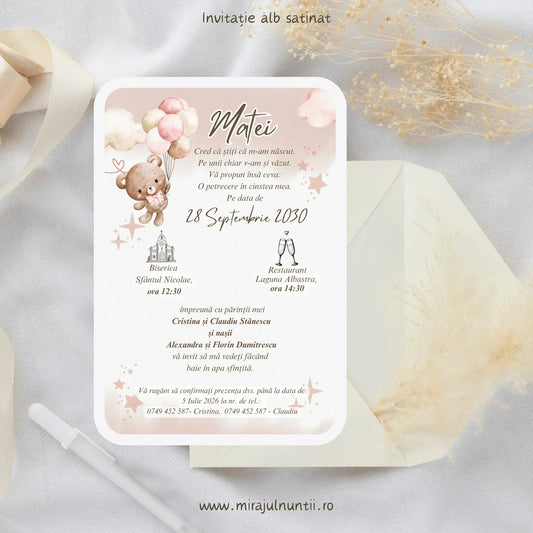 Invitație de botez cod Magnific B.23-20023 cu ursuleț cu baloane roz pudrat