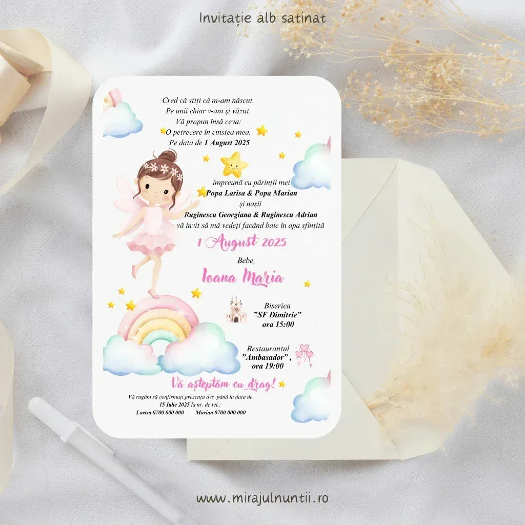 Invitație de botez cod Magnific B.14-20014 cu zână balerină și curcubeu pastel