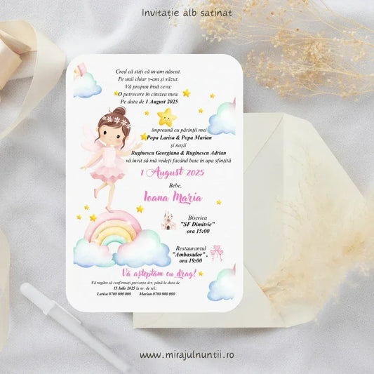 Invitație de botez cod Magnific B.14-20014 cu zână balerină și curcubeu pastel
