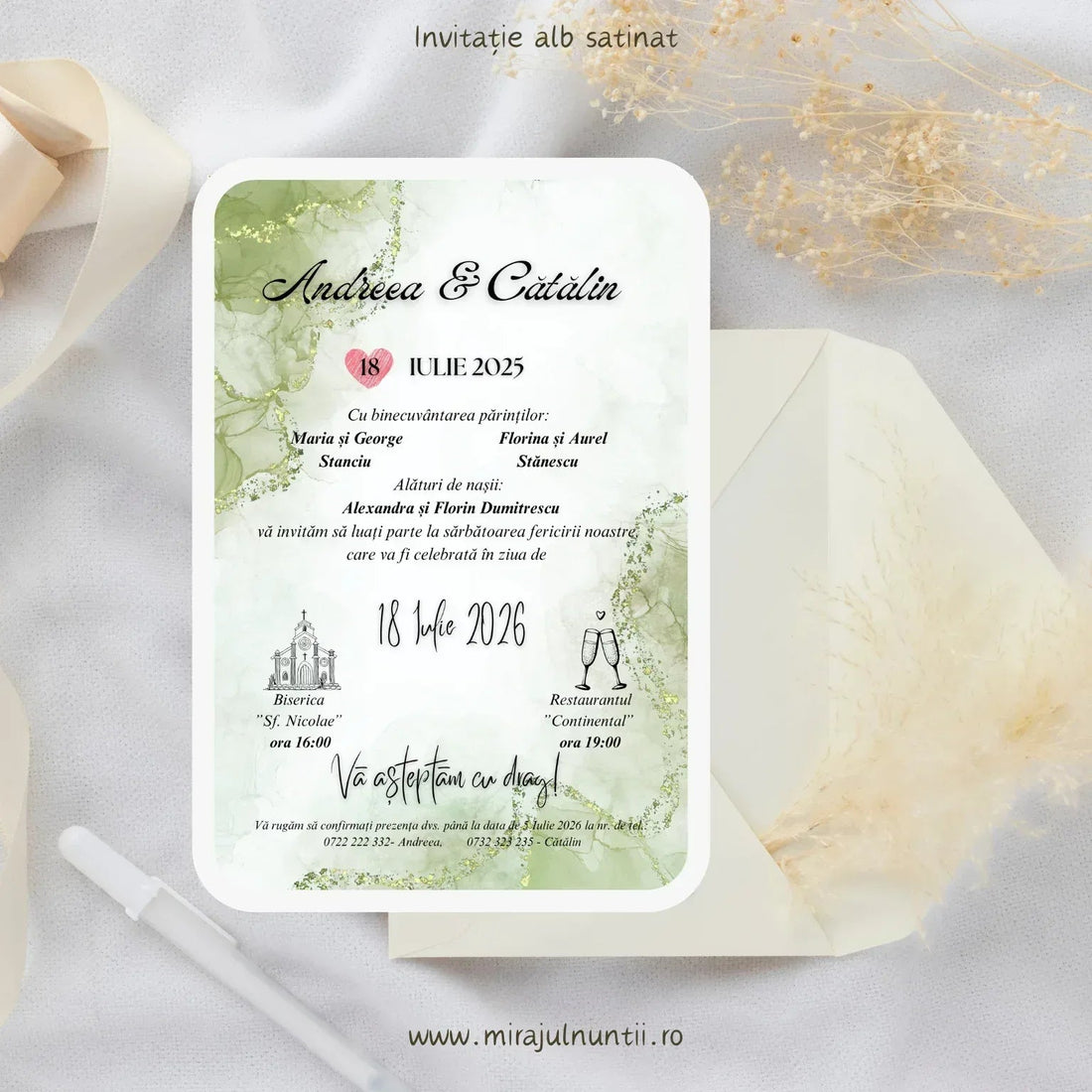 Invitație de nuntă cod Magnific C.41 cu marmură verde olive și inimioară roz