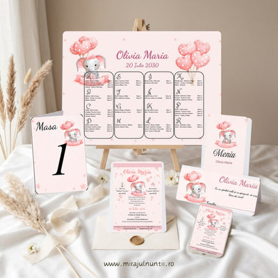 Set papetărie botez Elefănțel și Baloane Inimioare B.13-20013: opis pe șevalet, număr de masă, invitație tipărită, meniu tip carte, plic de bani personalizat Olivia Maria și invitație digitală pe telefon