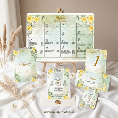 Papetărie asortată botez Buchete de Flori Galbene și Albe, cod B.34-20034: opis, meniu tip carte, număr de masă, invitație tipărită, plic de bani personalizat și invitație digitală pe telefon