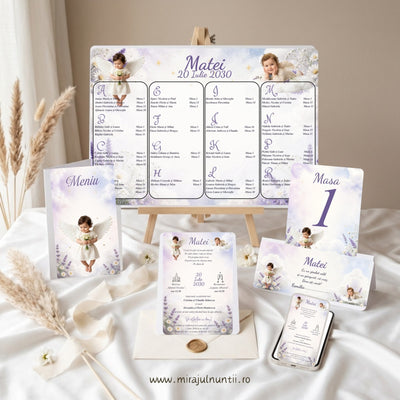 Set de papetărie pentru botez cu îngerași și norișori, alb și lavandă, cod B.36-20036: invitație tipărită, invitație digitală pe telefon, meniu tip carte, număr de masă, plic de bani și opis