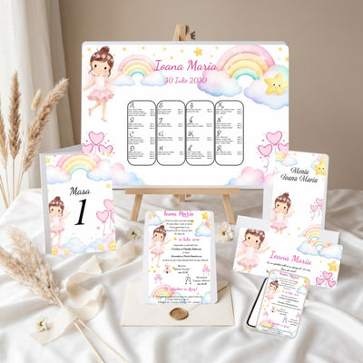 Set papetărie de botez Zână Balerină și Curcubeu, roz, cod B.14-20014: opis pe șevalet, număr de masă, invitație tipărită, meniu tip carte, plic de bani personalizat și invitație digitală pe telefon