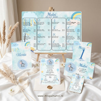 Papetărie asortată botez Zebră și Curcubeu, cod B.1-20001: opis, meniu tip carte, număr de masă, invitație tipărită, plic de bani personalizat și invitație digitală