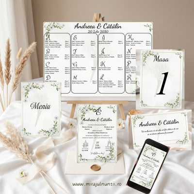 Papetărie asortată nuntă Ramuri Verzi Delicate și Flori Albe, cod C.10-10010: opis, meniu tip carte, număr de masă, invitație tipărită, plic de bani personalizat și invitație digitală
