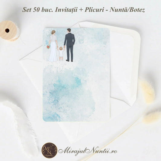 Set 50 buc. Invitație Nuntă Familia Modernă „C.23B” Necompletată + Plic Inclus - 13x19cm