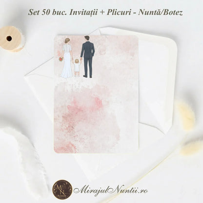 Set 50 buc. Invitație Nuntă Familia Modernă „C.23R” Necompletată + Plic Inclus - 13x19cm