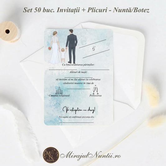 Set 50 buc. Invitație Nuntă și Botez „C.23B” Precompletată + Plic Inclus - 13x19cm