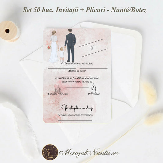 Set 50 buc. Invitație Nuntă Familia Modernă „C.23R” Precompletată + Plic Inclus - 13x19cm