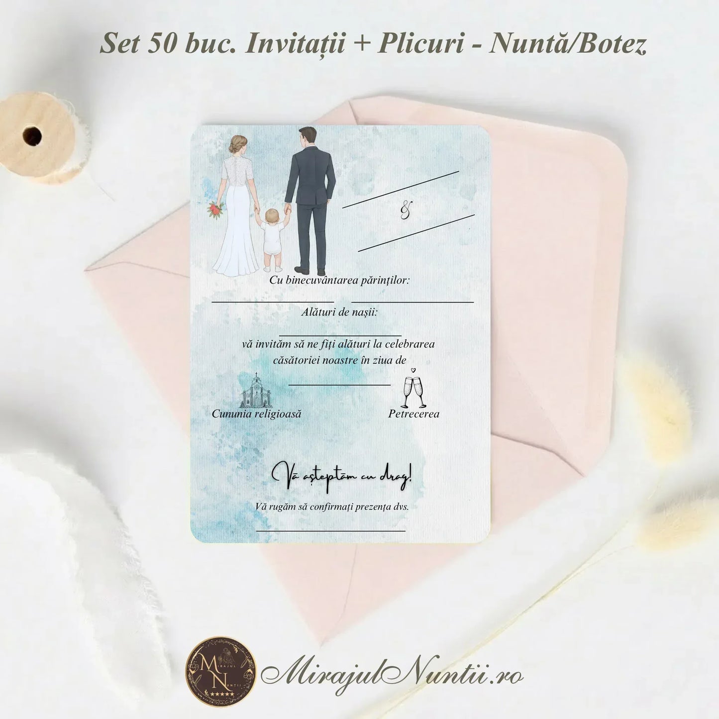 Set 50 buc. Invitație Nuntă și Botez „C.23B” Precompletată + Plic Inclus - 13x19cm