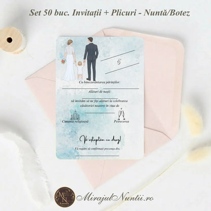 Set 50 buc. Invitație Nuntă și Botez „C.23B” Precompletată + Plic Inclus - 13x19cm
