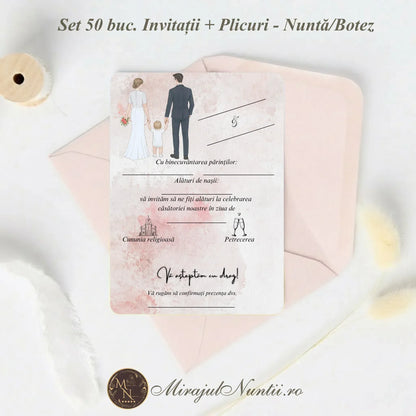 Set 50 buc. Invitație Nuntă Familia Modernă „C.23R” Precompletată + Plic Inclus - 13x19cm