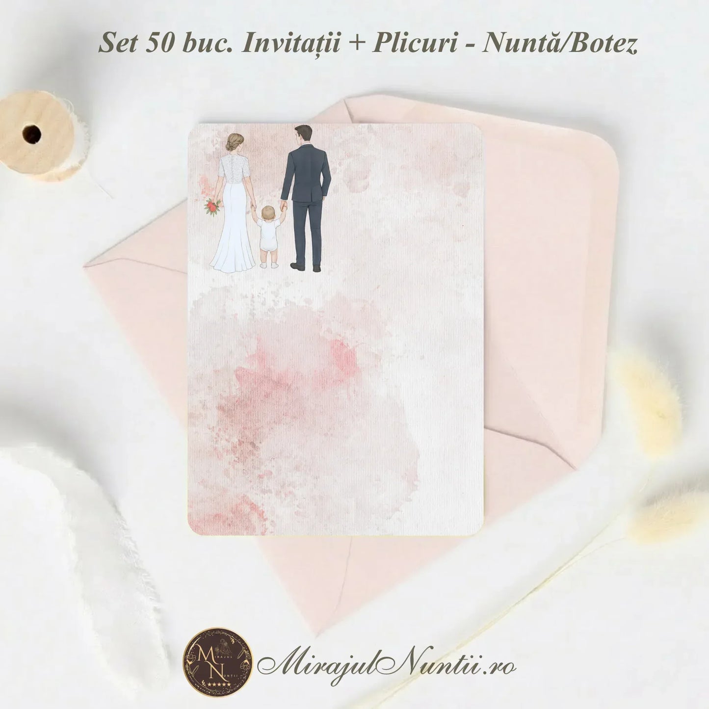 Set 50 buc. Invitație Nuntă Familia Modernă „C.23R” Necompletată + Plic Inclus - 13x19cm